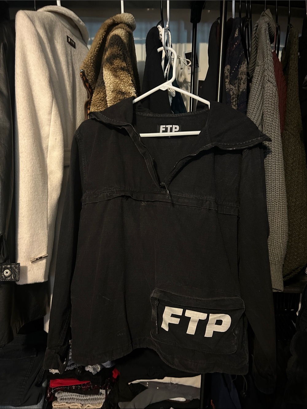 FTP Black Pullover Bomber Jacket with Front Logo Pocket